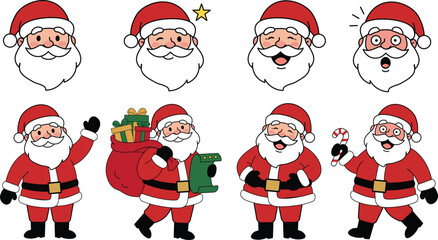 Santa Claus Character Set: Cute Colored Christmas Mascots with Various Expressions and Poses
