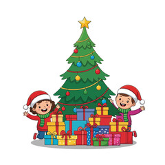 Excited children celebrating Christmas with gifts under decorated tree