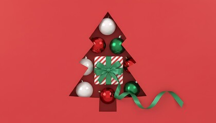 Festive christmas tree arrangement with ornaments and gift on red background