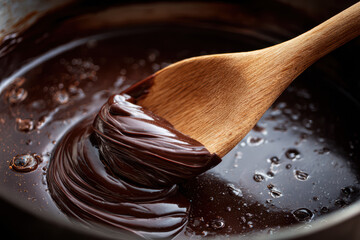 close-up of a large wooden spoon stirring with detail
