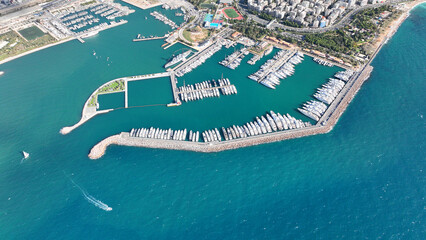 Aerial drone photo of famous port of Flisvos with luxury anchored yachts and sail boats, Faliro Marina, Athens riviera, Attica, Greece © aerial-drone