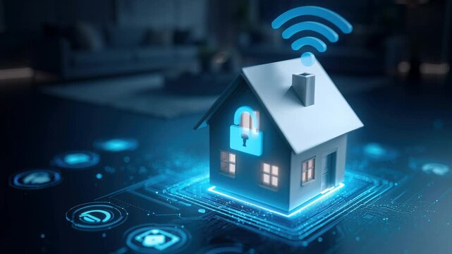 neon smart home security icon glowing over reflective tabletop, blurred living interior bokeh, wifi signal waves above roof, padlock symbol on window, cool blue