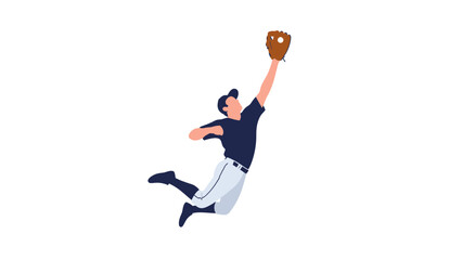 Dynamic baseball player leaping to catch ball with mitt, showcasing athletic skill and sportsmanship, great for team logos and sports promotions