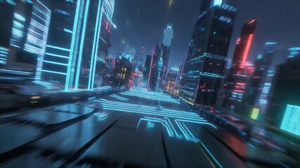 Fly through futuristic city with vibrant neon lights and dynamic perspective - Powered by Adobe