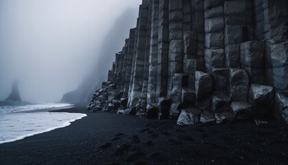 Dramatic Basalt Columns on Black Sand Beach Iceland shrouded in moody fog and mist