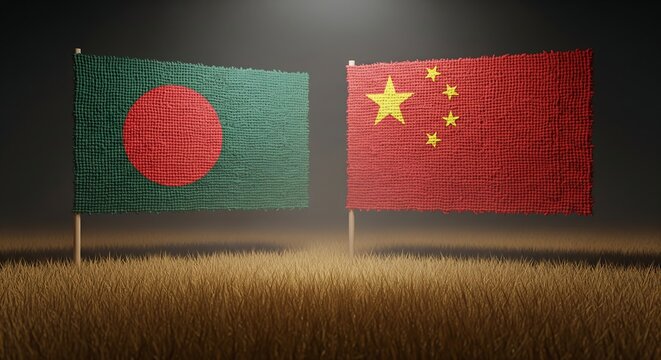 Bangladesh China jute flags stand together in unity, showing diplomatic relations, international cooperation, and partnership on the global stage for peace