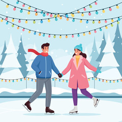Romantic couple ice skating holding hands during winter holidays fun