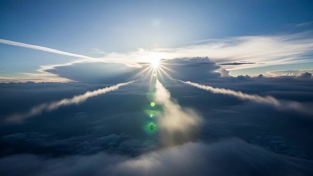 Dreamy skydiving experience with sunbeams breaking through clouds, a powerful sense of freedom and adventure, epic and inspirational