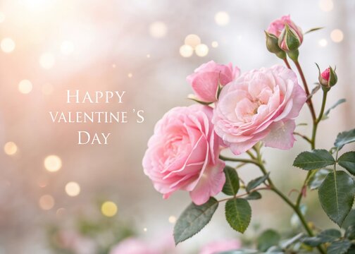Romantic Pink Roses with Happy Valentine's Day Text for Floral Lovers and Gift Ideas - Powered by Adobe