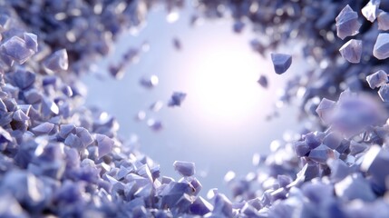 Abstract formation of purple crystalline structures floating in luminous space with a soft glow illuminating a serene and peaceful background environment