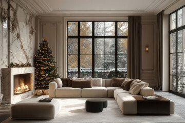 Cozy living room decorated for Christmas with a view of a snowy landscape, digital background, ms teams background