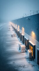 Industrial loading docks in heavy snowfall, illuminated by warm lights, highlighting winter logistics challenges.