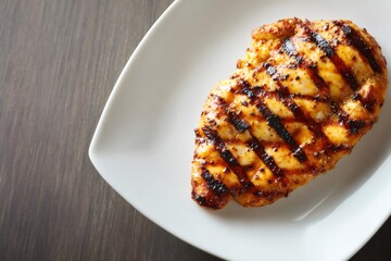 Grilled chicken breast on a white plate, showcasing a protein rich meal with healthy cooking