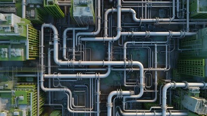 Industrial cityscape with intricate pipe network and verdant green accents overhead