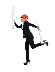 A businesswoman engineer holds blueprints in her hands