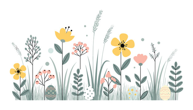 Decorative easter illustration of stylized pastel flowers, painted eggs, and spring foliage arranged in a whimsical horizontal composition with a festive, cheerful mood