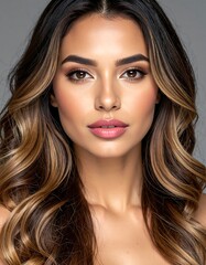 Fototapeta premium A close-up portrait shows a woman with long, wavy brown hair with highlights, soft makeup, and a serene expression