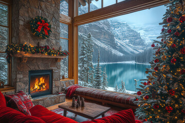 Obraz premium Cozy Christmas cabin interior with a decorated tree and a view of a snowy mountain lake, digital background, ms teams background
