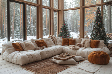 Cozy living room with a view of a snowy forest during the winter season, digital christmas background, ms teams background