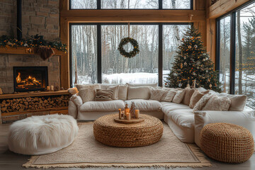 Obraz premium Cozy living room with a Christmas tree, fireplace, and snowy winter view, digital background, ms teams background