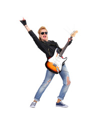 A rocker girl in a leather jacket and jeans expressively plays the guitar.