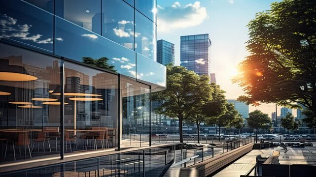 landscape of new modern commercial building in sunset light