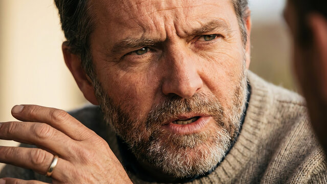 Close-up portrait of a thoughtful middle-aged bearded man speaking intently with a furrowed brow, expressing concern or serious contemplation in soft natural light. - Powered by Adobe
