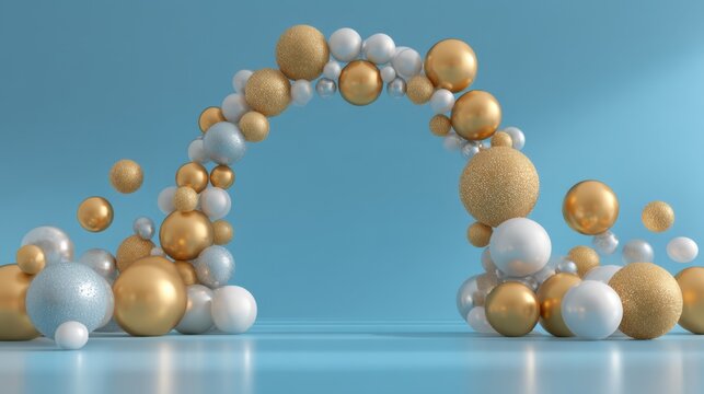 A vibrant arch made of various spheres in gold white and blue colors stands against a light blue background ideal for a festive occasion or event decor.