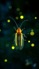 Macro shot of a glowing translucent beetle with bright yellow stripes on its wings, surrounded by shimmering golden bokeh lights in a dark, enchanting night.