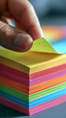Close-up of a hand with thumb and finger peeling a bright yellow sticky note from a thick, vibrant rainbow-colored stack of blank memo pads.