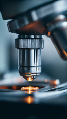 Close-up of a microscope objective lens illuminating a scientific sample on a glass slide in a modern research laboratory, symbolizing discovery and precision.