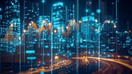 Night cityscape shows network connectivity with digital icons, reflecting a smart, advanced urban environment - Powered by Adobe