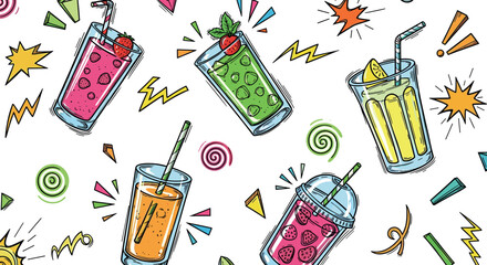 Colorful hand-drawn fruit smoothies and juices in a vibrant pop art comic book style, a seamless pattern with energetic doodles, stars, and abstract shapes