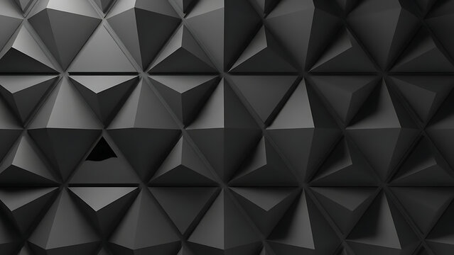 Modern minimalist dark abstract background of seamless 3d geometric pyramids and sharp triangular facets, creating a dynamic textured surface with strong contrasts, futuristic aesthetic, and design ap