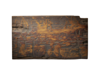 Weathered wooden board with distressed texture against transparent backdrop