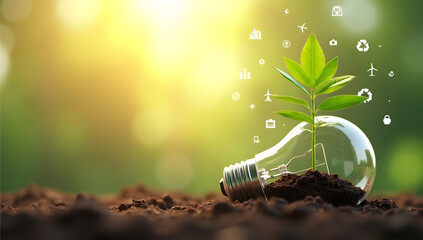 A green plant growing inside a light bulb symbolizing eco energy and nature