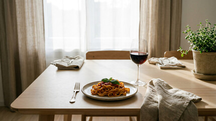 Pasta Dinner Scene A Flat Lay with Wine, Napkins and a Cozy Ambience