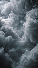 Dense white and grey smoke swirling dynamically, creating an abstract background of ethereal vapor and fog with dramatic texture and movement.