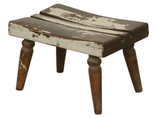 Vintage wooden stool featuring distressed paint on transparent backdrop