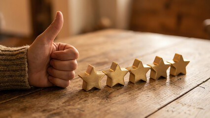 Human hand giving thumbs up gesture next to five gold rating stars on a rustic wooden table, symbolizing excellent customer review and top-rated quality.