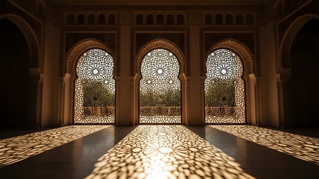 islamic architecture, geometric pattern, arches, windows, shadows, sunlight, interior, moroccan, arabian, ornate, lattice, design, architecture, ornamental, traditional, culture, middle east, moghul,  - Powered by Adobe