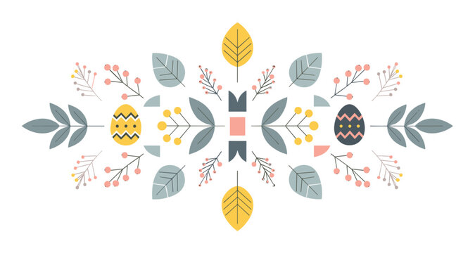 Symmetrical easter floral ornament with decorated eggs, stylized leaves, and berries arranged in a modern flat design composition for a festive spring holiday celebration