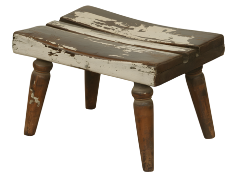 Vintage wooden stool featuring distressed paint on transparent backdrop