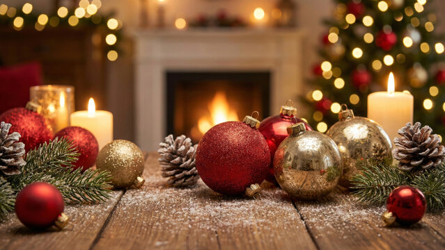 Cozy Christmas Composition with Red and Golden Baubles, Candles, and Pine Cones on Wooden Table with Blurred Fireplace Background