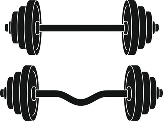 Collection of gym equipment icons featuring a straight barbell and an EZ curl bar with weights for heavy lifting and fitness training