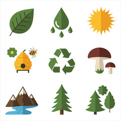 Obraz premium Nature and environment icon set for ecology and sustainability isolated on white background, Vector