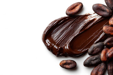 Cocoa beans with smooth chocolate paste on white background, horizontal banner or food background