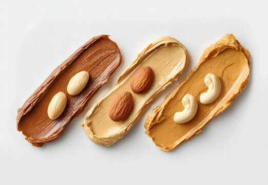 Nut butter smears with whole peanuts, almonds and cashews, assortment of nut spreads isolated on white background
