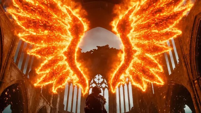 Angel warrior displays fire wings in gothic cathedral. Fantasy character with burning wings stands in church. Angel shows flame wings in ruins. Warrior with fire wings in cathedral. Fantasy angel burn