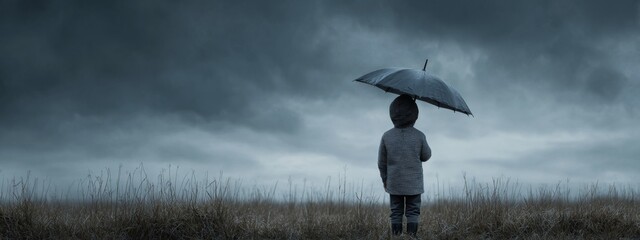 Young figure holding black umbrella under impending gloomy sky observing dark clouds on an overcast day